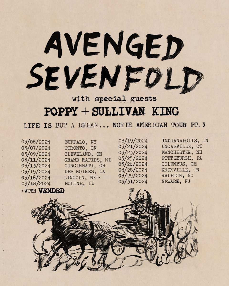 UNBELIEVABLY STOKED TO ANNOUNCE I WILL BE JOINING THE LEGENDS AVENGED SEVENFOLD NEXT SPRING FOR PART 3 OF THE “LIFE IS BUT A DREAM” TOUR, ALONGSIDE POPPY🩸 Tickets onsale this Friday (December 1st) at 10am local time See ya on the road next March!!