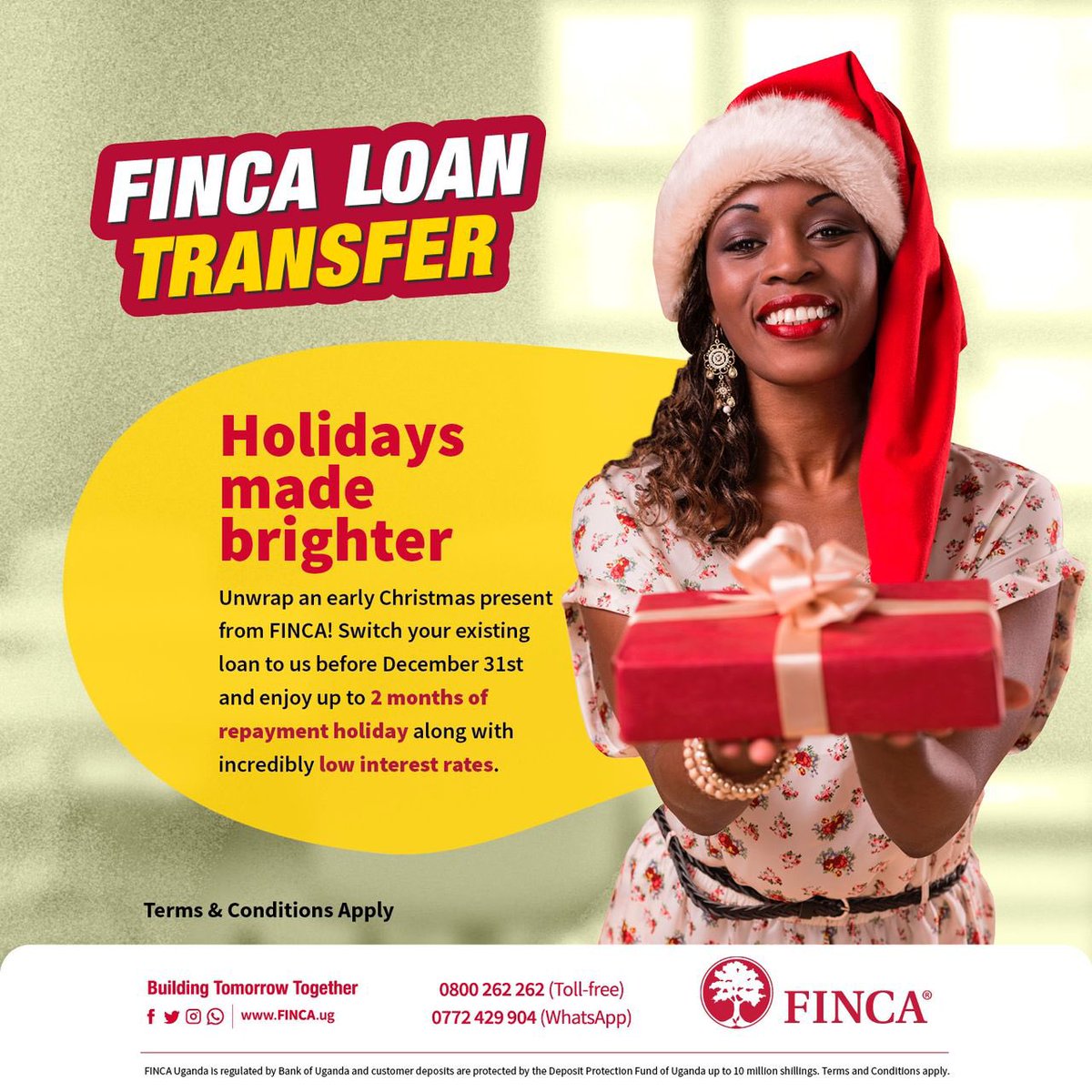 Switch your existing loan to @FINCA_Uganda before 31st December and enjoy up to 2 months repayment holiday along with incredibly low interest rates. #BalanceTransfer | #TomorrowIsHere