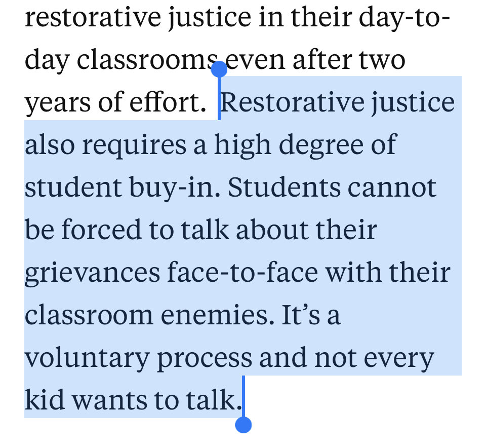 Here’s why #RestorativeJustice doesn’t work in praxis:
1. Early studies were small, min. evidence
2. Rarely implemented correctly
3. Academics tend to fall
4. Must have buy in from students
Consequences are a fundamental life lesson; bring them back. 
hechingerreport.org/the-promise-of…