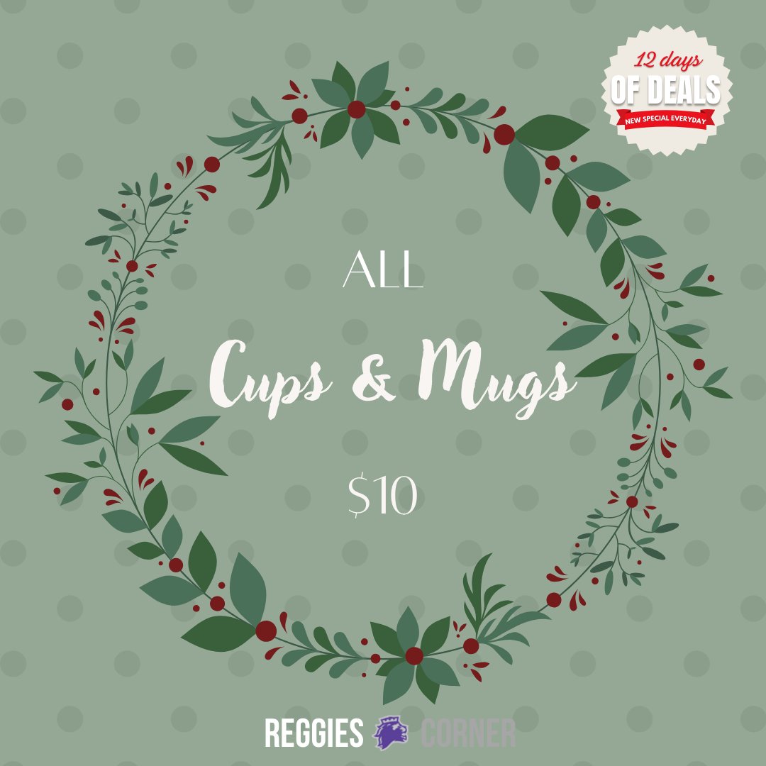 Day 2 of our 12 Days of Deals! All cups and mugs are only $10! Valid only 11/28/23. Reggie's Corner is opening from 11 am to 7 pm.