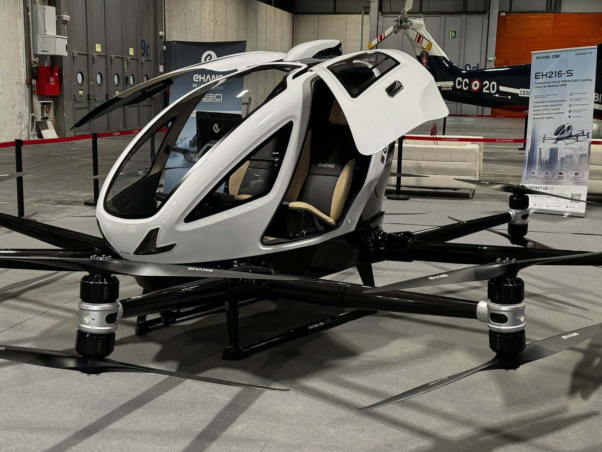 Not so distant future of urban air mobility; eHang on display at European Rotors. Unit price around 500 kEUR or around 500 eur/h to operate. Range of 30km is enough for many business cases.