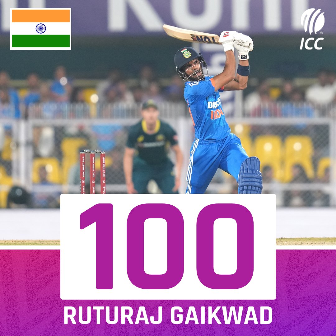 ICC's tweet photo. Sealed with a six! 💥

A maiden T20I hundred for Ruturaj Gaikwad 💯

#INDvAUS | 📝: https://t.co/VhkB7z4ruD https://t.co/MjFQydvm3c