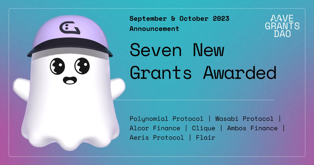 We are pleased to announce our support for 7️⃣ new teams accelerating @GHOAave & @Aave Awarded during September and October, these projects have the potential to make lasting impacts in the Aave ecosystem with their unique solutions and all-star teams Check them out below: 👇