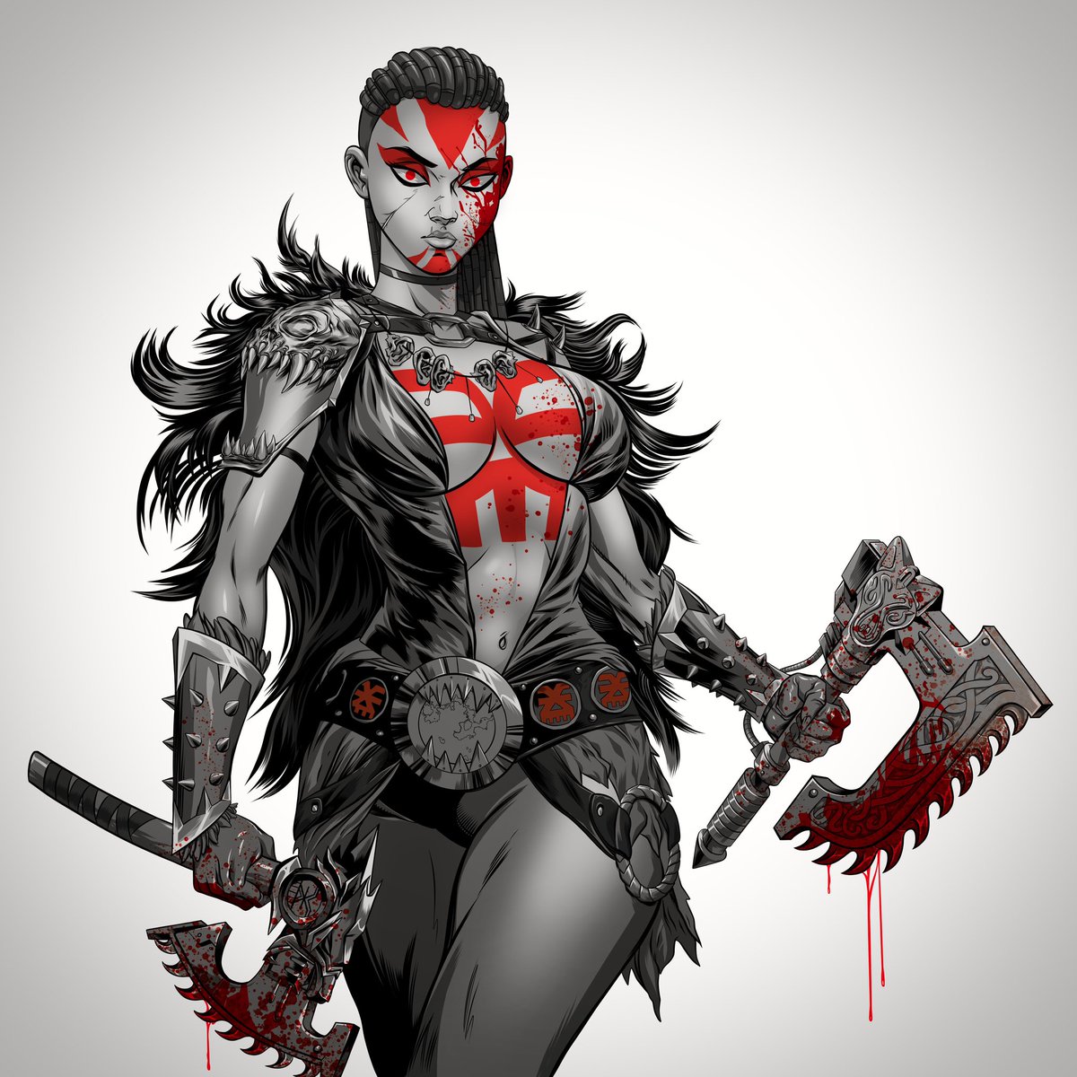 SethKlokk's tweet image. Fixing boring AI junk with real human artistry, day 2. Another waifu with a giant cranium. Fixed her walleyes, weird fingers, nonsense coat/ tech thing, adjusted posture, gave her a pair of chainaxes and made her Angron. 
#antiAI #SayNotoAI #wh40k #ForHonor