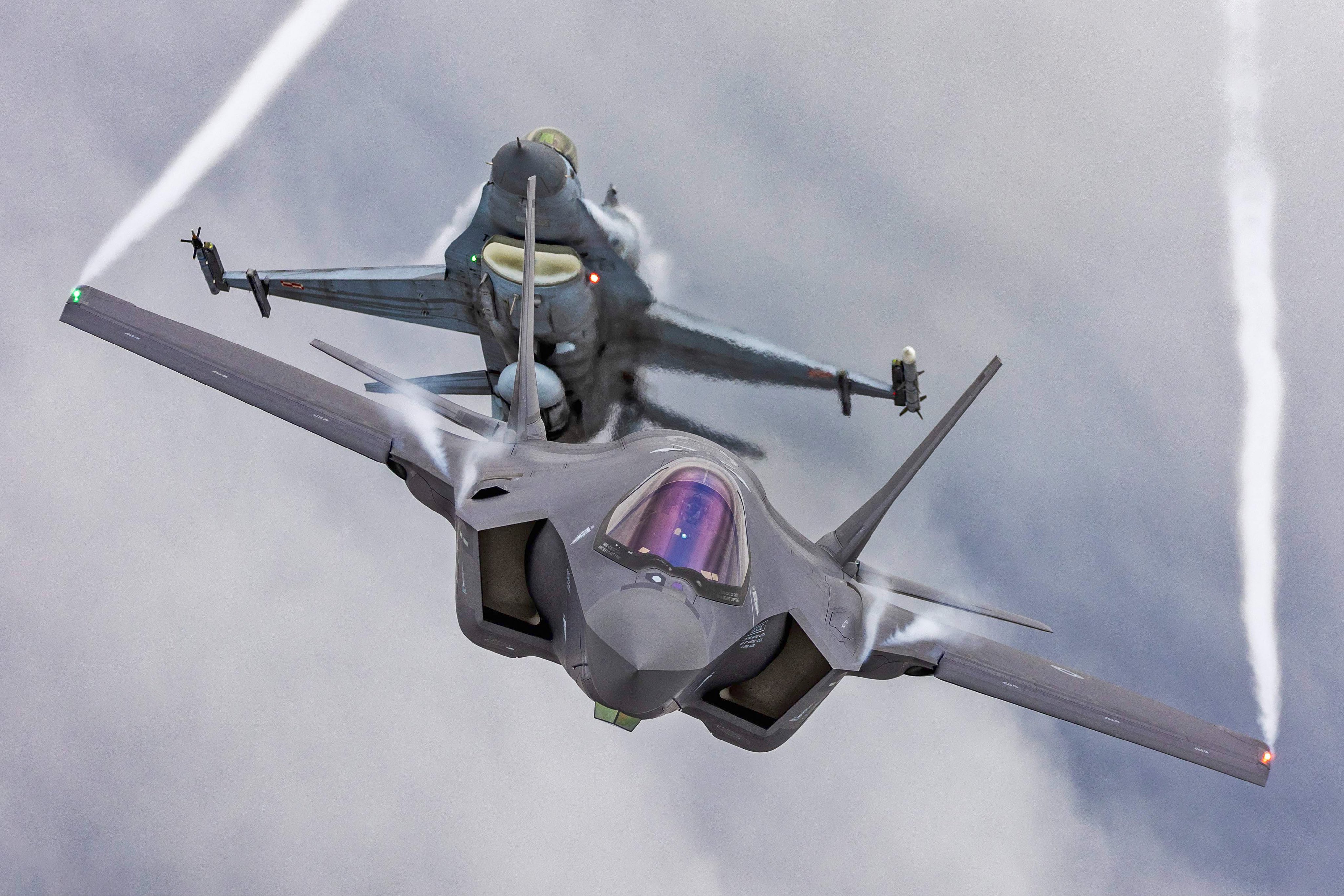 2023년 9월 이탈리아 F-35가 폴란드 F-16과 함께 공중훈련을 하고 있다.  이탈리아는 2023년 9월부터 11월 초까지 F-35 전투기를 말보르그에 배치했다.  사진: 셈 턱(Sem Tuck)