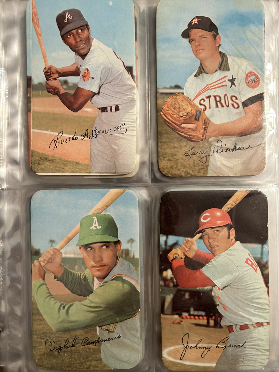 CardboardHistry's tweet photo. Completed ‘71 #ToppsSuper set w/ Al Kaline pickup. Some fav pages: Willie’s most #SayHey card ever + #TomTerrific; Hank in an underrated #Braves uni; #CharlieHustle might be my fav pic - absolute art! Bench en route to greatness & Dierker in best #Astros jersey ever!😍 #collect https://t.co/QveJoYiGv1