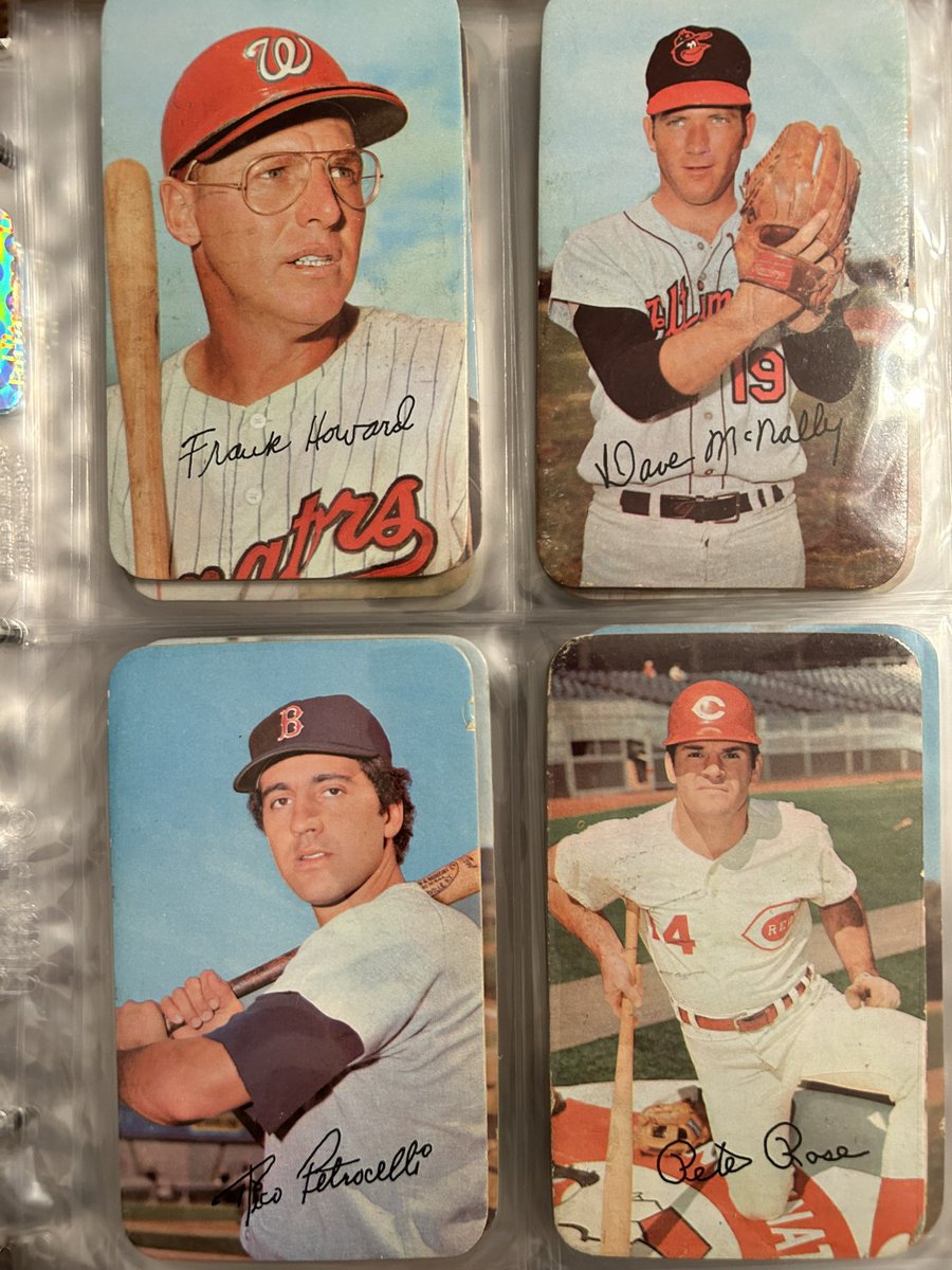 CardboardHistry's tweet photo. Completed ‘71 #ToppsSuper set w/ Al Kaline pickup. Some fav pages: Willie’s most #SayHey card ever + #TomTerrific; Hank in an underrated #Braves uni; #CharlieHustle might be my fav pic - absolute art! Bench en route to greatness & Dierker in best #Astros jersey ever!😍 #collect https://t.co/QveJoYiGv1