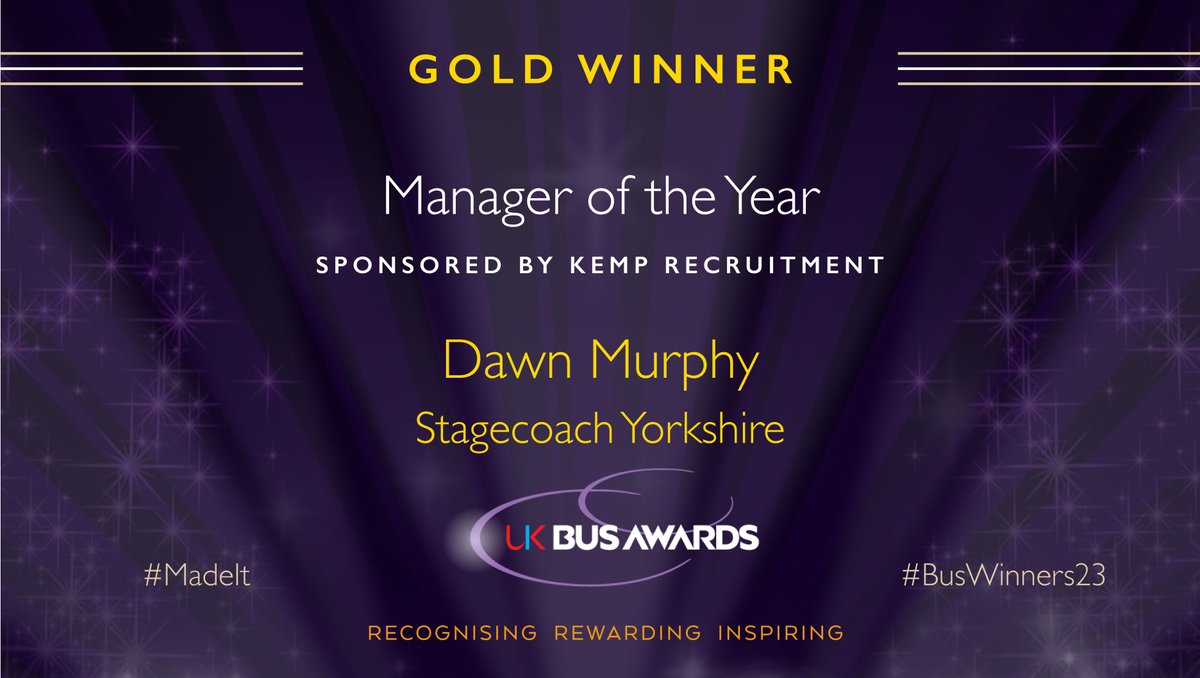 UKBusAwards's tweet photo. 🏆 We're thrilled to announce that Dawn Murphy from Stagecoach Yorkshire has clinched the Gold Award in the Manager of the Year category sponsored by Kemp Recruitment at the #UKBusAwards! 🌟 
Congratulations Dawn Murphy! 🥇🚌 #BusWinners23 #MadeIt https://t.co/JhkGEL3NWr