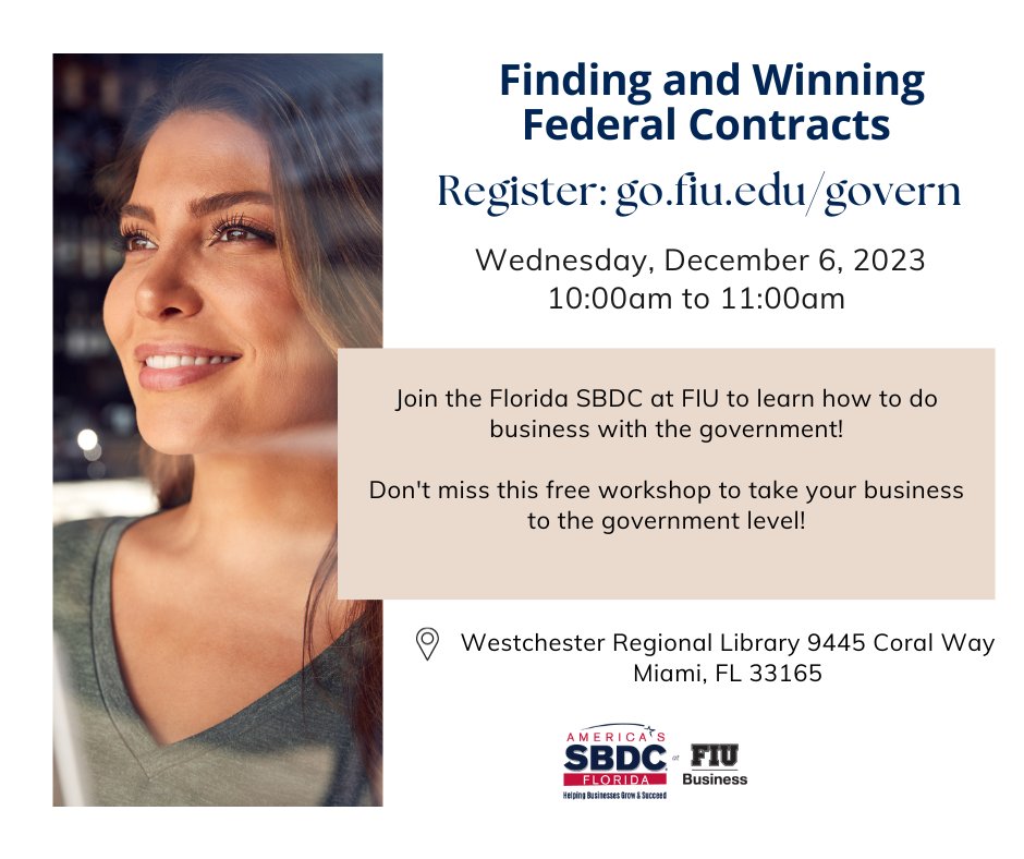 Unlock new opportunities for your business! 🚀 Join the Florida SBDC at FIU for a FREE workshop on mastering the art of doing business with the government. 

 #GovernmentContracting #BusinessGrowth #WorkshopWednesday

Register here: go.fiu.edu/govern