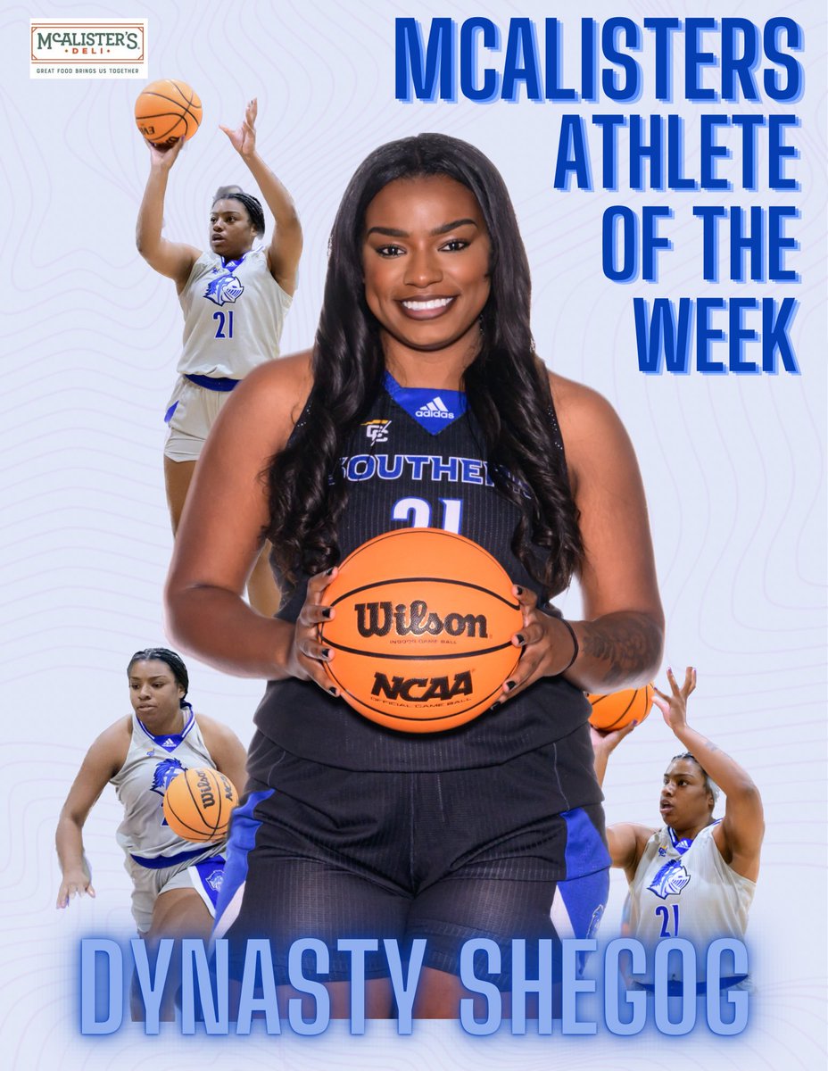 Congratulations to Dynasty Shegog of <a href="/SWUWomensBB/">Southern Wesleyan WB</a> on being named this week’s McAlister’s Athlete of the Week!

Shegog picked up 22 points, 7 assists, 10 rebounds, and 3 blocks as the Warriors went 1-1 last week

#teamswu #ncaad2 #conferencecarolinas #mcalsitersdeli
