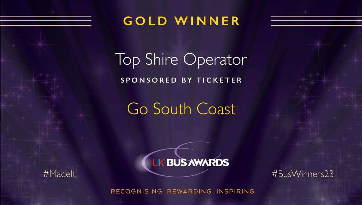 🏆 We're thrilled to announce that Go South Coast has clinched the Gold Award in the Top Shire Operator category sponsored by Ticketer at the #UKBusAwards! 🌟 
Congratulations Go South Coast! 🥇🚌 #BusWinners23 #MadeIt