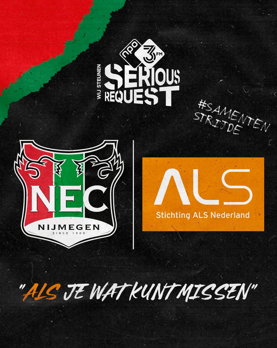 N.E.C. in actie: "ALS je wat kunt missen"🧡

Het Glazen Huis van 3FM Serious Request staat dit jaar in Nijmegen. Help jij N.E.C. een mooi bedrag op te halen voor Stichting ALS Nederland?🙏🏼

Lees hier meer » linktr.ee/necnijmegen

#ALSjewatkuntmissen #3FM #SR23