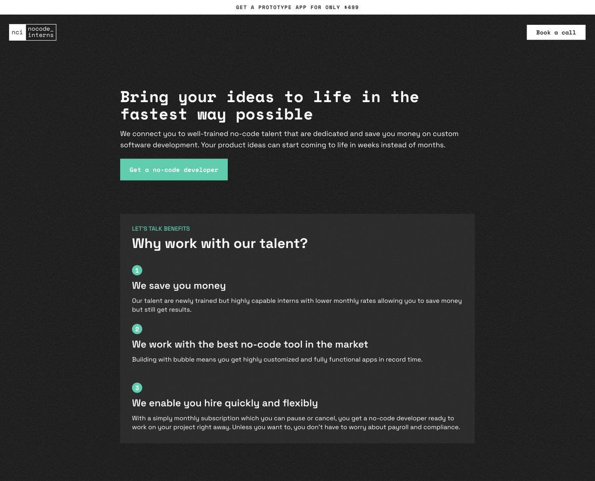 Nocode Interns are ready to take on your projects. Let us help you bring your project to life starting at $499.

Learn more at nocodeinterns.com
