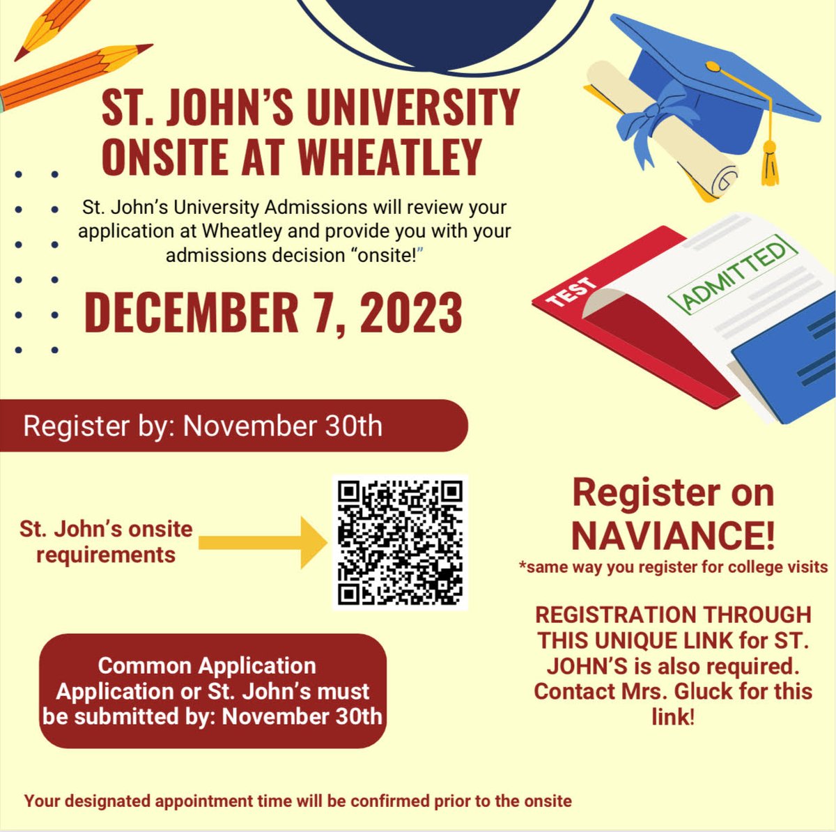 SENIORS! St. John's U is offering to provide you with an admissions decision onsite🎓You must register for this event by Thursday, Nov. 30th on Naviance. If you are interested in St. John's don't miss this opportunity!
#ewlearns <a href="/WheatleySchool/">The Wheatley School</a> <a href="/StJohnsU/">St. John's University</a> <a href="/EastWillistonSD/">East Williston UFSD</a>