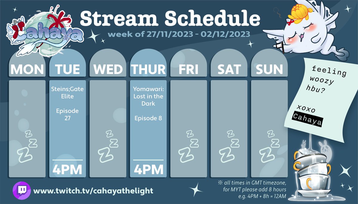 This week's schedule! Which I should really remember to post on Mondays! haha

See you later ❤️
#cahayathelight #Vtuber #MalaysiaVtuber #TwitchVtuber #CHYsched
