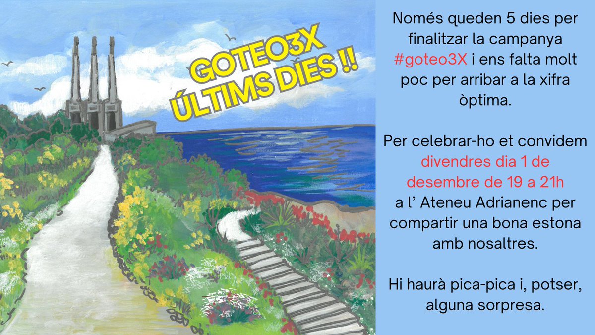 Aforament limitat. ✍️Inscripcions a
forms.gle/KmmGomBRk8KvgG…
Per seguir aportant al #goteo3X
⏩ goteo.cc/salvemlitoral3x