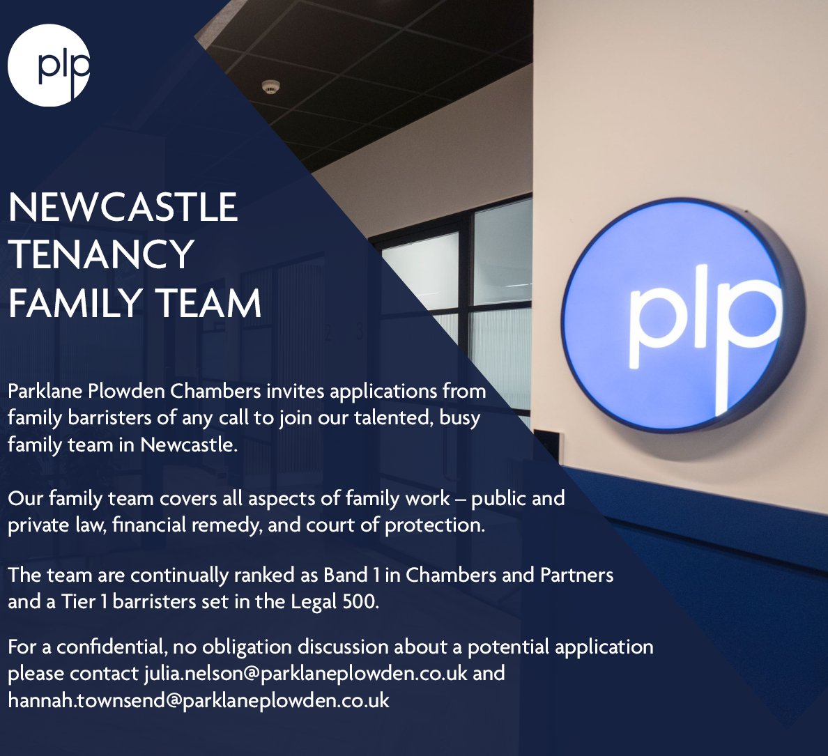 ParklanePlowden's tweet photo. Parklane Plowden Chambers invites applications from family barristers of any call to join our talented, busy family team in Newcastle. 

Please contact Julia Nelson and Hannah Townsend for a confidential, no obligation discussion. 

#barrister #newcastleupontyne #plp https://t.co/JOPdoeAOUE