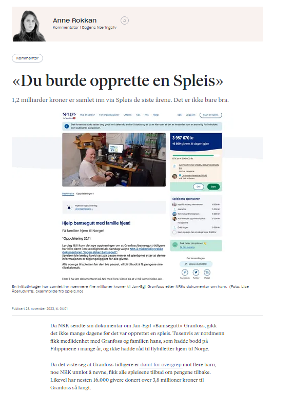 Spleising er en popularitetskomkurranse. I tillegg mistenker jeg at det handler mer om de som gir, enn de som får.
Det er politisk engasjement som gir reelle endringer i folks liv, men det er selvsagt mye mer behagelig å vippse 200 kroner.
Kommentar her:
dn.no/kommentar/folk…