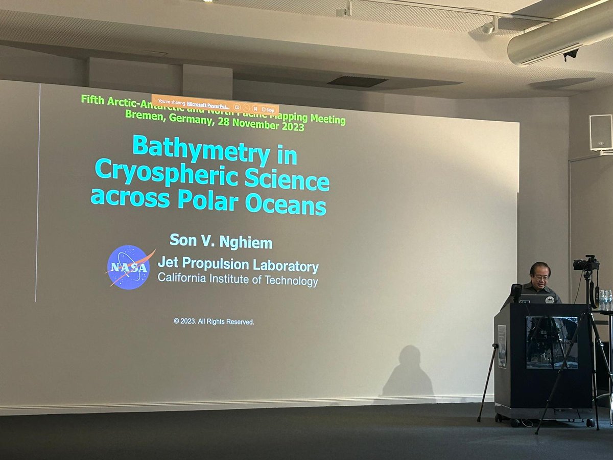 🇩🇪 Second day at the 5th Arctic-Antarctic &amp; North Pacific #Mapping Meeting.  

Today’s agenda started with Son V Nghiem of <a href="/NASAJPL/">NASA JPL</a>, who offered a detailed look at how #bathymetry influences the differences in observed melting of sea ice between the #Arctic and Antarctic regions.