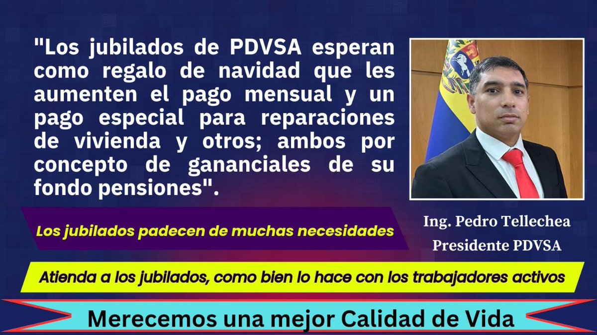JorgeKhouri4's tweet photo. @TellecheaRuiz Ing. @TellecheaRuiz No estamos solicitando ningún privilegio sino; el pago de los gananciales del fondo de pensiones que fue constituido con nuestros salarios y prestaciones sociales. Los jubilados requieren de pagos mensuales sostenibles acorde a la alta inflación.
#28Nov #PDVSA https://t.co/Ia6gomYZs0
