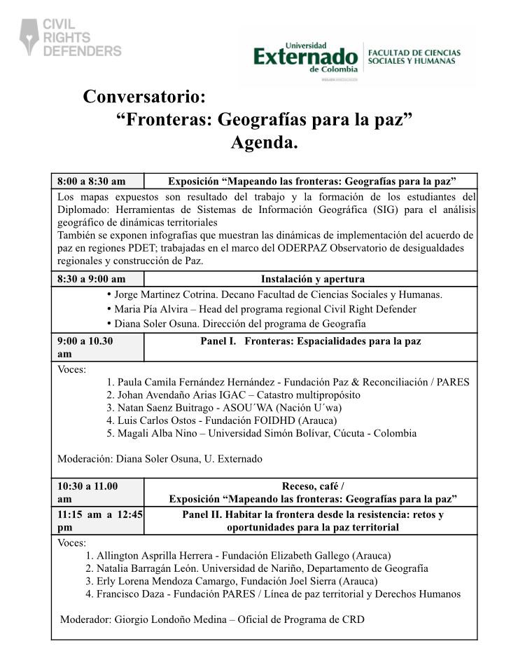 Este jueves hablaremos junto a <a href="/UExternado/">U.Externado</a> <a href="/parescolombia/">Fundación Paz & Reconciliación</a>  <a href="/igacColombia/">Instituto Geográfico Agustín Codazzi - IGAC</a> y organizaciones de DDHH sobre la importancia de las fronteras para construir Paz.

📅 Jueves 30 de noviembre de 8am a 1pm
📍Auditorio D-604, U. Externado.

¡Entrada libre!

Les esperamos