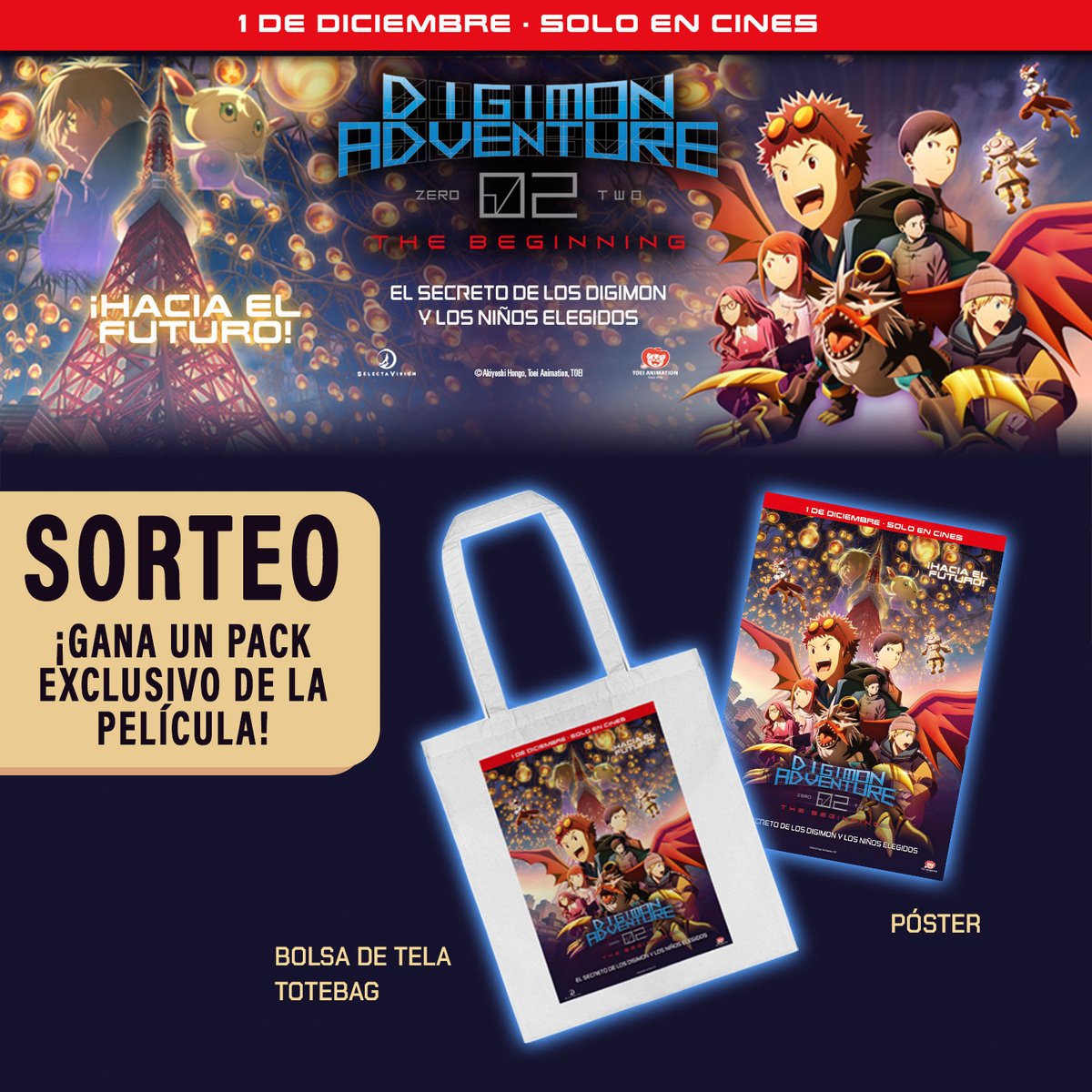 HikariNHana's tweet photo. [SORTEO] ¡Celebra el regreso de los Niños Elegidos con este lote especial de #Digimon! ¿Lo quieres?:
1️⃣ Sigue a @SelectaVision y @HikariNHana.
2️⃣ Retuitea este tuit.

El 4/12 anunciaremos al ganador. ¡Corre y disfruta de #Digimon02EnCines con este regalazo! https://t.co/KQv9pxuqFc