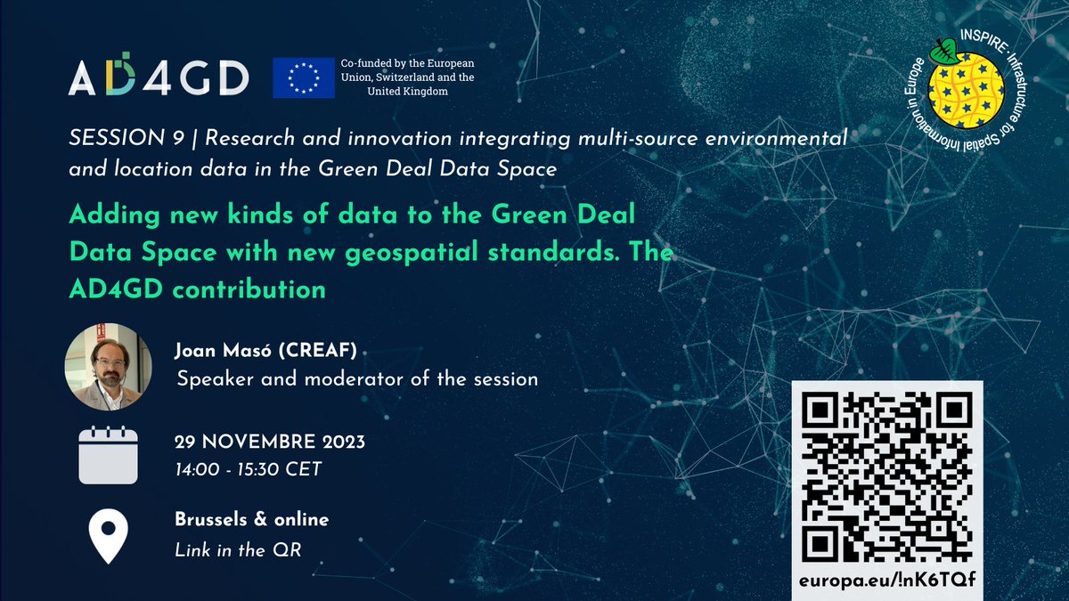 Join us tomorrow for the session 9 of #INSPIRE23 on multi-source data integration for the #GreenDeal Data Space & @opengeospatial standards. Moderated by @joanma747 and also with #GeoE3,@FAIRiCUBE, @USAGE_project,@BCubedProject & @OSGeo.

⏰14:00 CET
💻 europa.eu/!nK6TQf