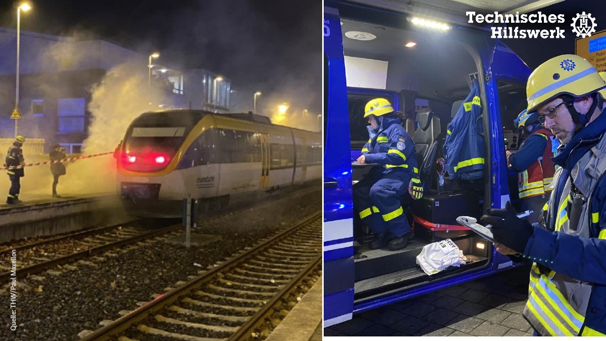 Ein Zugunfall war das Szenario einer Großübung in #Warendorf. Mehr als 200 Einsatzkräfte von #THW, Feuerwehr, @drk und @malteserDE trainierten unter anderem die Rettung von Menschen aus einem verunglückten Zug und den Transport von Verletzten.