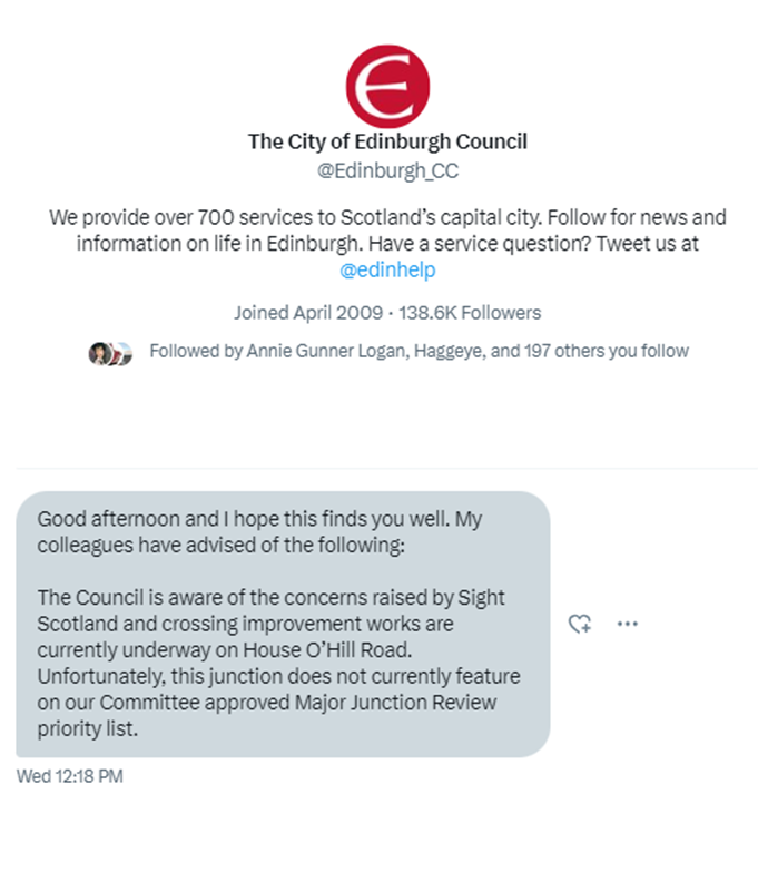 We're really disappointed receiving this response from @Edinburgh_CC via DM. The junction at Hillhouse Road & Telford Road is a major hazard & urgently needs upgraded. ✍️Help us take action by writing to your local Councillor to fix the crossing, now! ➡️sightscotland.eaction.org.uk/Fix-Deathtrap-…