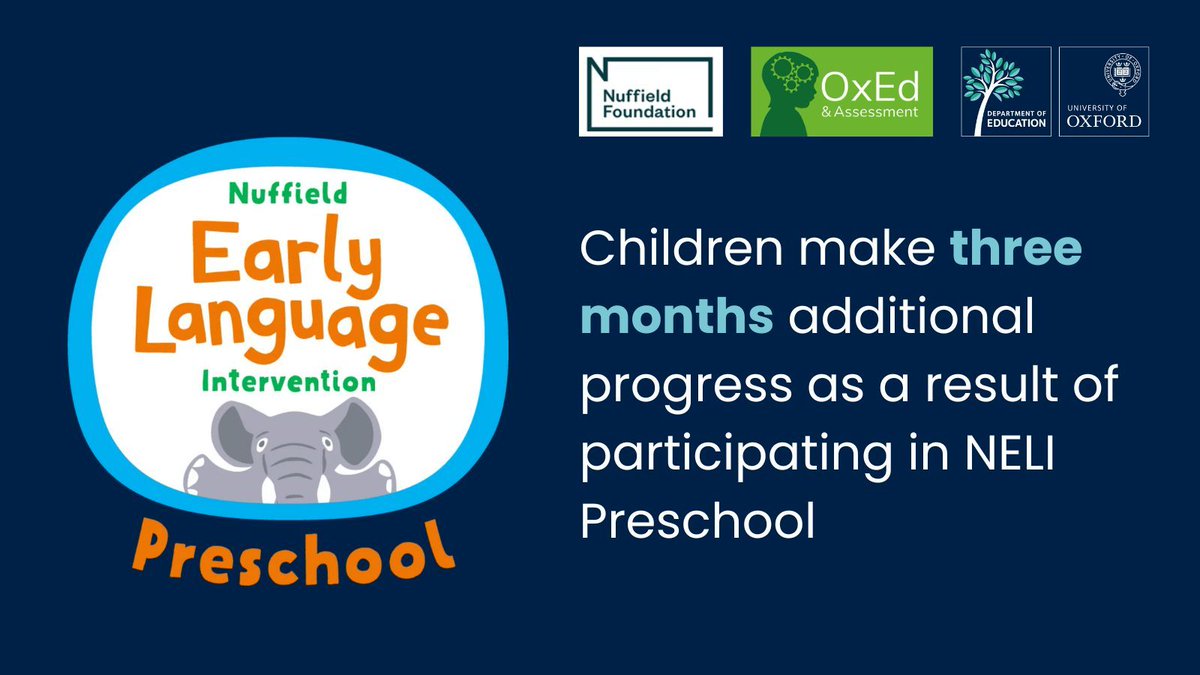 OxfordDeptofEd's tweet photo. New trial of @teachNELI Preschool shows the oral language programme improves children's language skills, helping children make the equivalent of 3 months' additional progress.

Find out more ➡ https://t.co/gW2BTelLv6 

@OxEdAssessment @NuffieldFound #edutwitter https://t.co/DxZVDtKQr1