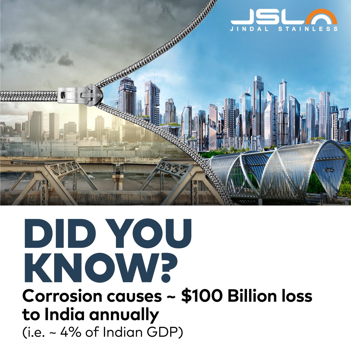 Jindal_Official's tweet photo. Every year our country loses valuable funds to corrosion that could be used for the progress of the country.

Opt for the corrosion resistant sustainable stainless steel solutions.

#SwitchToStainless #CIIWarAgainstCorrosion #CorrosionManagement #CII #CIIAwards #CMD #JSL #JindalStainless #Innovation #StainlessSteel #Sustainability #GreenWonderMetal #Indigenous
