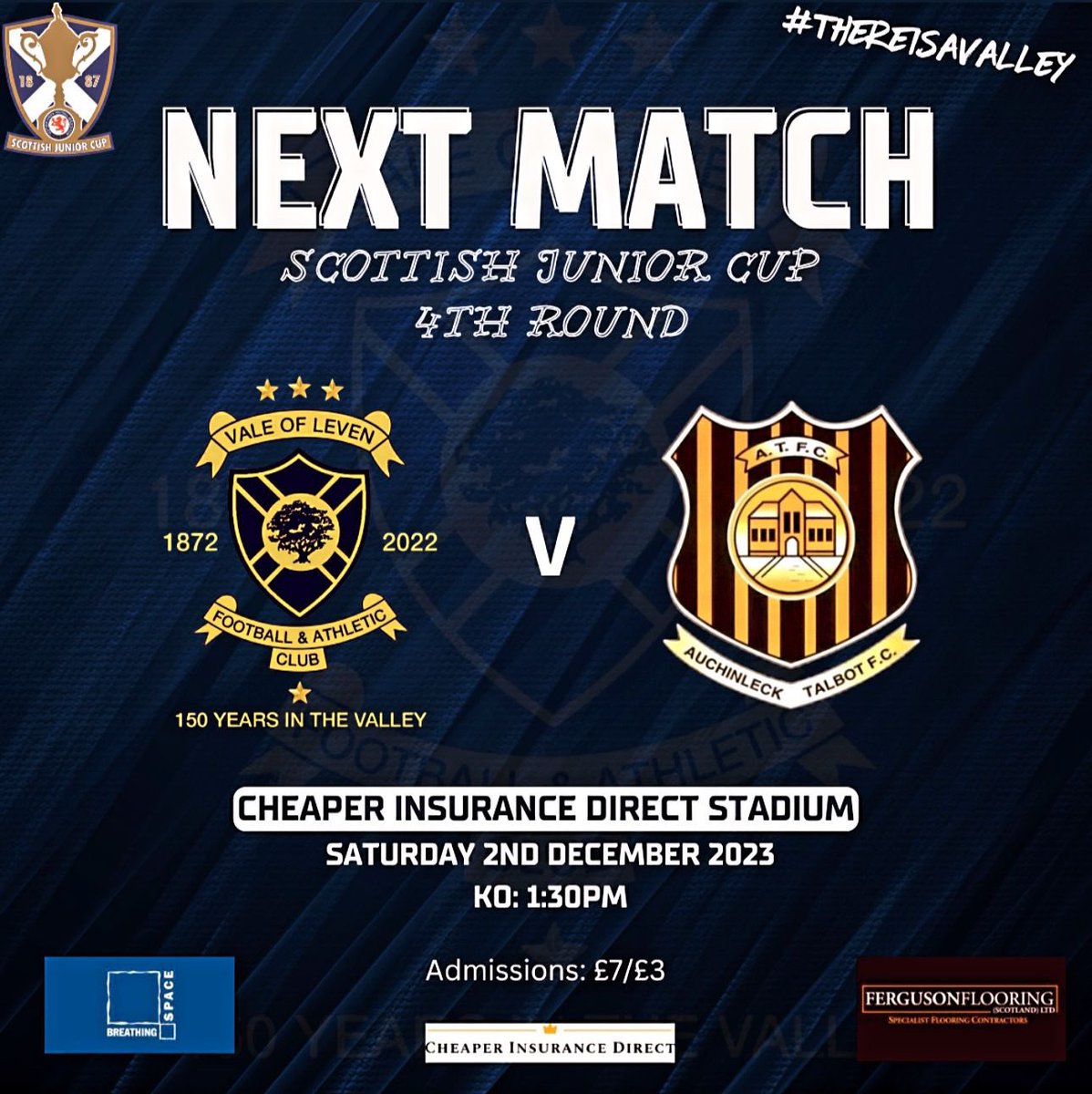 🏆SCOTTISH JUNIOR CUP🏆
Huge week for us as this Saturday we host <a href="/atfc1909/">Auchinleck Talbot</a> in the 4th round of the Scottish Junior Cup
•
Come along and show your support for the boys for what we hope will be an exciting match👏🏼
•

#thereisavalley💙
