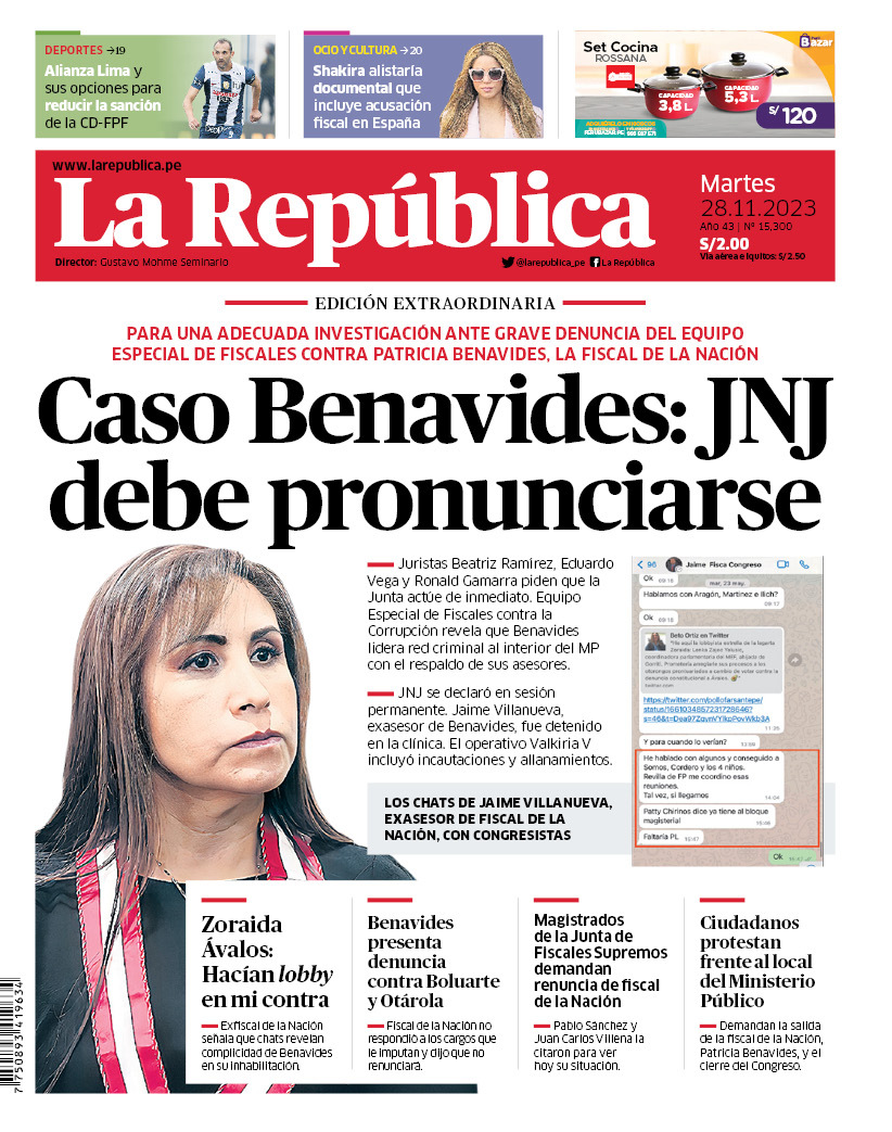 larepublica_pe's tweet photo. 🗞 ¡Buenos días! 👋 Esta es nuestra portada de hoy, martes 28 de noviembre de 2023 📰

➡️ Recuerda que también puedes leer nuestra versión impresa aquí: https://t.co/fO5a4ZJSvq https://t.co/hK5LNopUnc