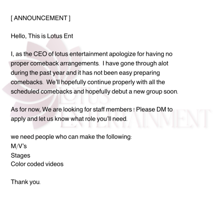 LotusEnt_'s tweet photo. [ ANNOUNCEMENT ]

An Important message from one of Lotus Ent’s CEO’s. https://t.co/8ekLMarGXZ