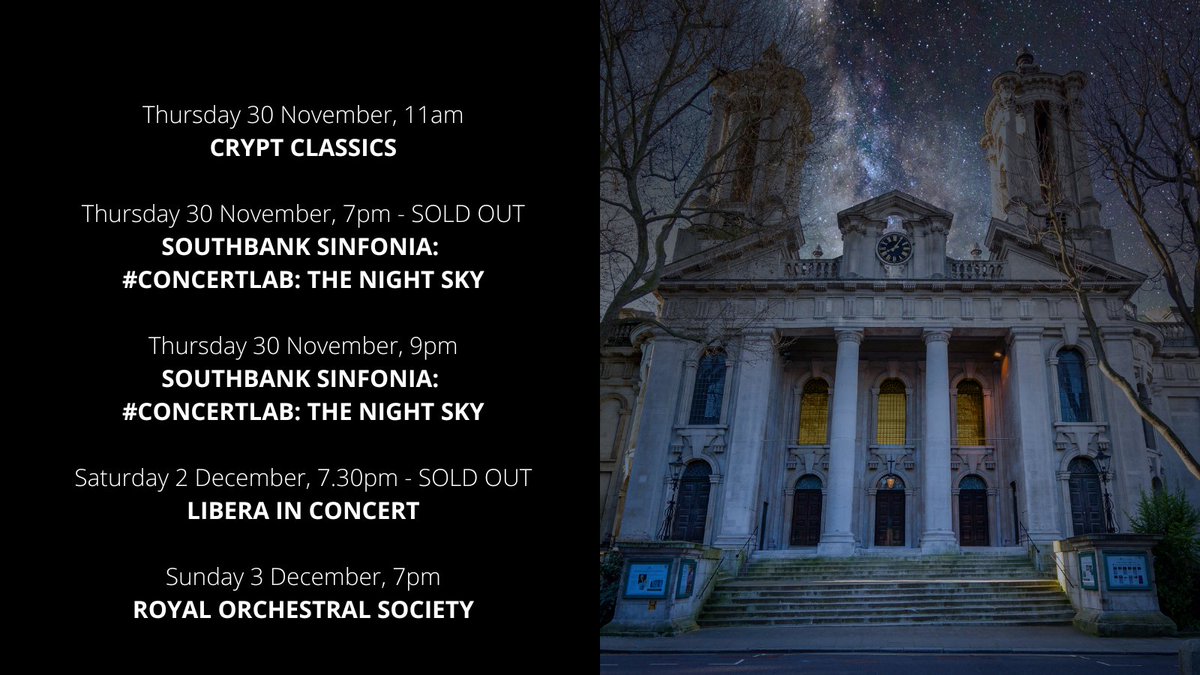 This week at St John's Smith Square! 
From an immersive planetarium style concert, to our informal Crypt Classics series and festive performances, discover what we've got coming up:
sjss.org.uk/whats-on

<a href="/SouthbankSinf/">Southbank Sinfonia</a> <a href="/RoyalOrchSoc/">Royal Orchestral Soc</a> <a href="/officiallibera/">Libera</a>