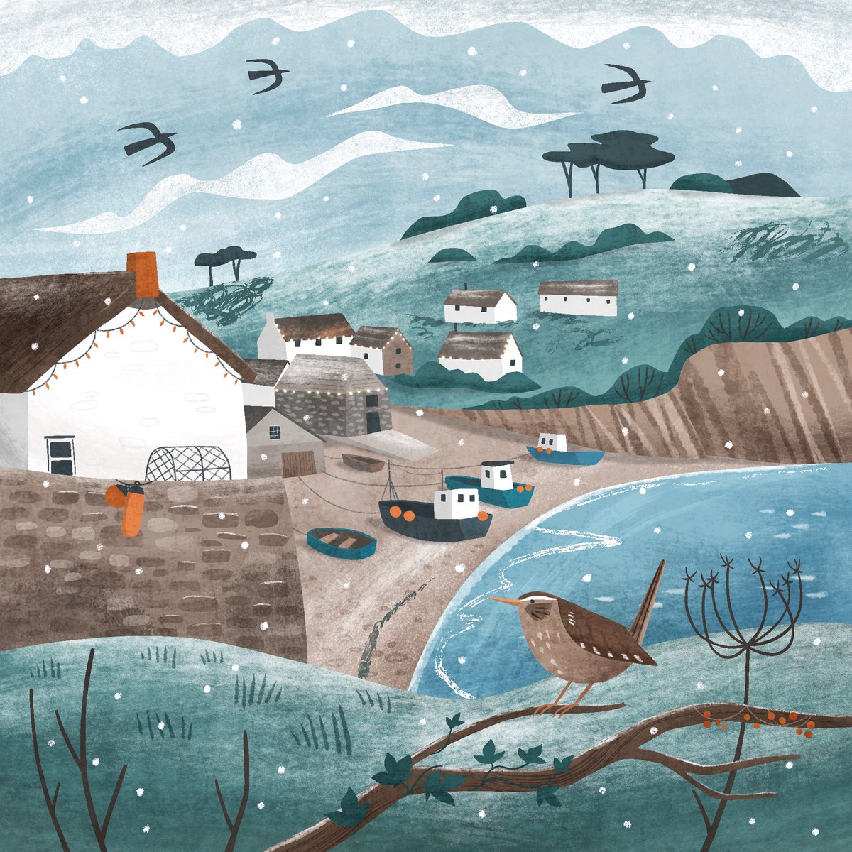 Cadgwith at Christmas. Available as part of a Christmas card set from my shop hollyastle.co.uk/shop