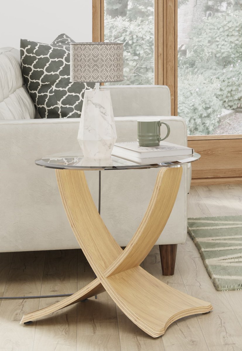 wood_furniture's tweet photo. BACK IN STOCK! Elegantly understated, the Siena oak and glass lamp table features a round toughened glass top that is elevated by sweeping oak veneer legs that meet near the base and then spread out again for a striking finish #WoodenFurniture #LampTable https://t.co/pTKkIPkYNW https://t.co/QGuiZM5lWt