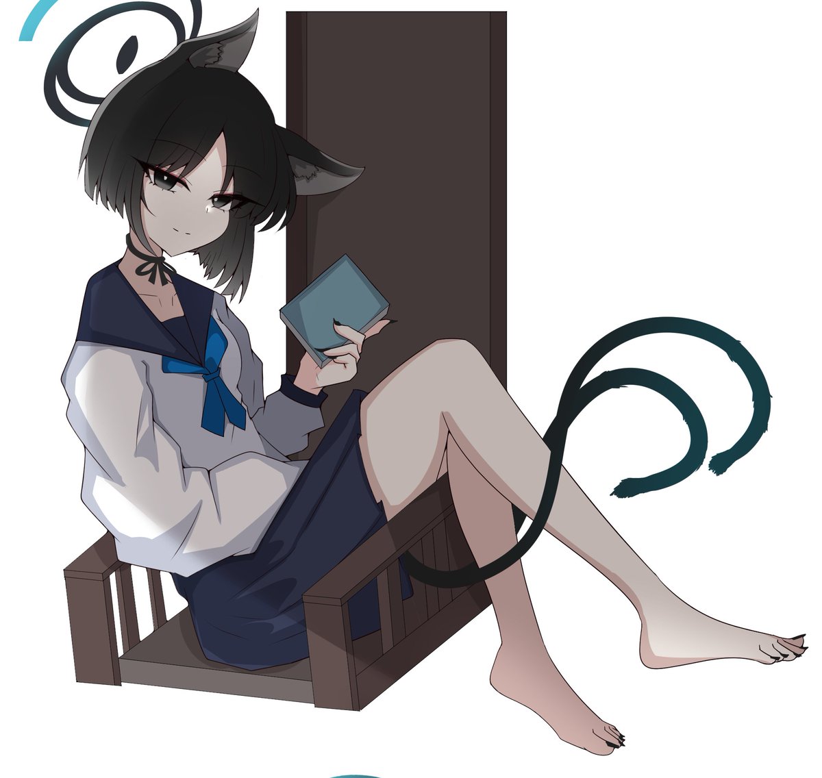 kikyou (blue archive) 1girl animal ears barefoot school uniform black hair solo tail  illustration images