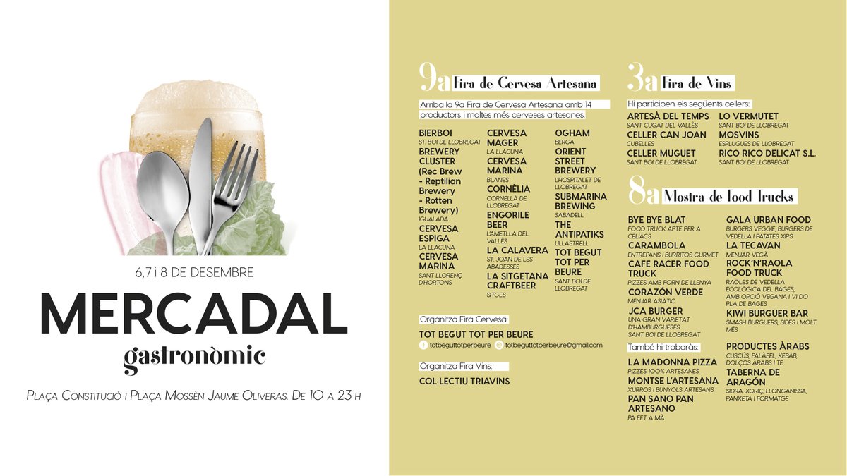 La 77 Fira de la Puríssima comptarà amb l’espai del Mercadal Gastronòmic.

📍A la pl. de la Constitució i a la pl. de Mossèn Jaume Oliveras podreu trobar la 9a Fira de la Cervesa Artesana, la 3 Fira de Vins i la 8a Mostra de Food Trucks. 🍻🍷🍴

📆6, 7 i 8 de desembre
🕙10 a 23 h