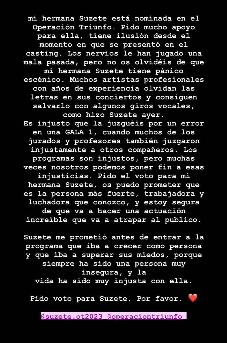 martinxagb's tweet photo. lo que ha puesto la hermana de suzete en sus historias de instagram :((( me rompe el corazón, salvadla, por favor 😭 #OTDirecto28N #OTGala1 #OT2023 https://t.co/SDkEKkWJtl