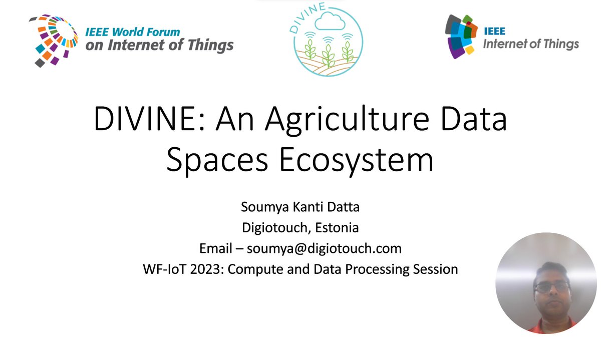 📣 Exciting news! @skdatta2010, CEO of @digiotouch, presented the @divine_hrzn_eu project's Agricultural Data Spaces Ecosystem in the #CloudComputing Topical session of the #IEEE #WFIoT2023, held from October 12th to 27th, 2023, in Aveiro, Portugal. #IoT #AgriculturalDataSpaces