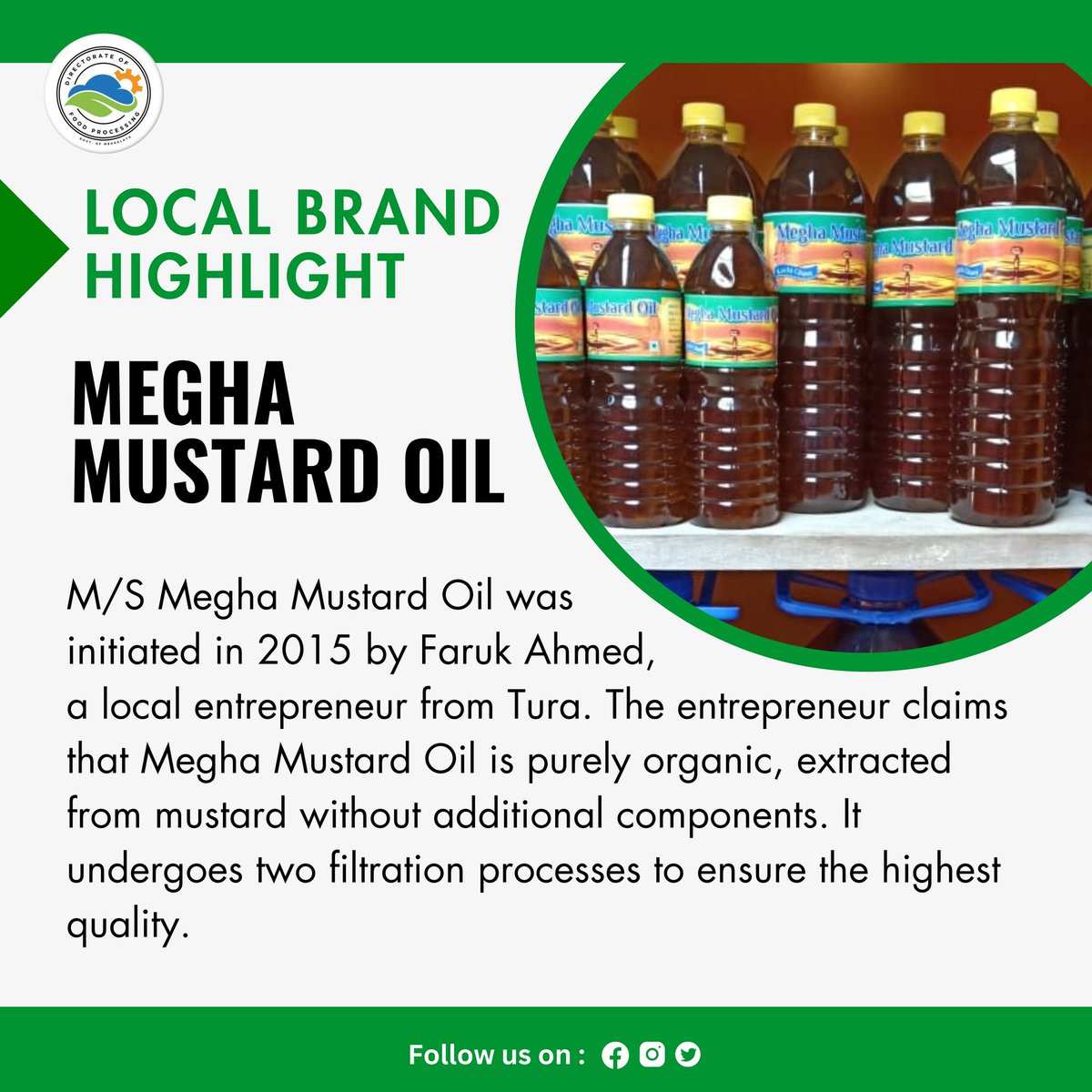 DofpMeghalaya's tweet image. Megha Mustard Oil&apos;s extraction process produces valuable by-products like mustard cake used in fishery, piggery, and high-protein feed.

#meghamustardoil
#oilextraction
#mustardprocessing 
#mustardbyproducts
#foodprocessingopportunities 
#foodprocessing 
#dofpmeghalaya