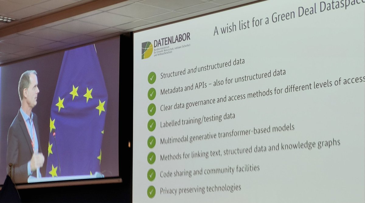 During the first plenary session of the #inspire23 conference @michellutz shared his wish list for a Greed Deal Dataspace baaed on work done in the Ministry of environment in Germany, setting up data labs