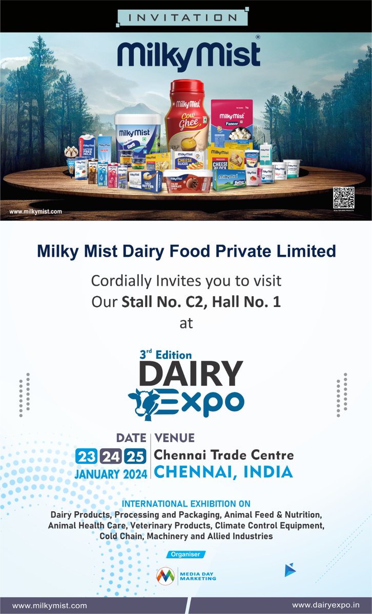 Please visit Milky Mist Dairy Food Private Limited, one of India's largest manufacturers of dairy products at stall no C2, Hall 01 at the Dairy Expo, Chennai from 23rd to 25th Jan 2024
#dairy #milkproducts #exhibitions #Chennai