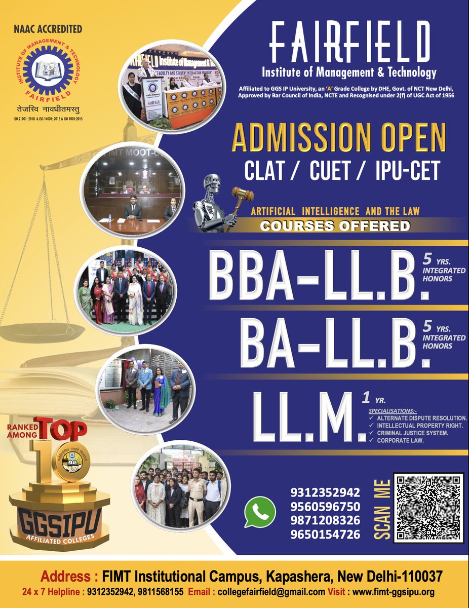FIMTDELHI's tweet photo. ADMISSIONS OPEN | CLAT /CUET/IPU-CET | 2024
CONTACT US FOR PROVEN METHODS TO CRACK JUDICIAL SERVICES & OTHER COMPETITIVE EXAMS!
https://t.co/6kyr5akrIa
#FIMTSchoolOfLaw #CLATPrep #EmotionalSupport
#FairfieldCollege #FIMTMcollege #Wednesdayvibe
#tuesdayvibe #FairfieldCollege https://t.co/QbKQ0mYvYI