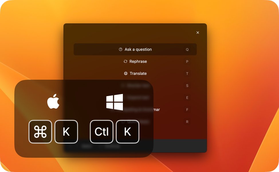 Typedesk_com's tweet photo. Select any text on your computer, and press ⌥+K (Mac) or Alt+K (Windows) to display quick actions like rephrasing, translating, or replying. https://t.co/yc8Sq435k5