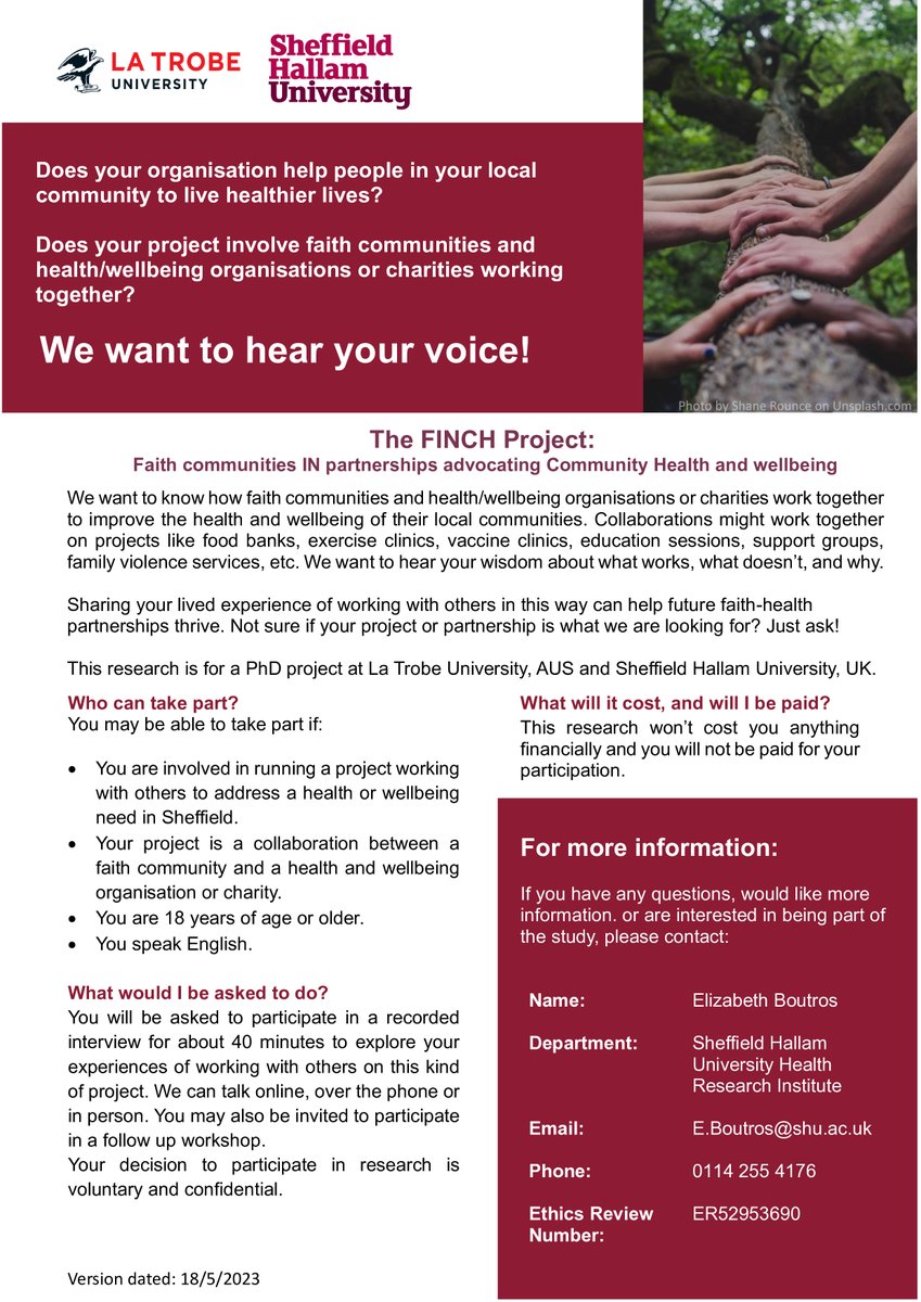 Are you helping #Sheffield become a healthier place? Does this involve faith communities and health/wellbeing organisations or charities working together? I'm keen to speak with you about your experience. Please see below for more.