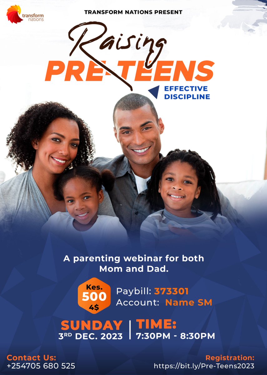 Hello parents, we invite you for a conversation on Raising Pre-Teens.

Topic: EFFECTIVE DISCIPLINE Date: 3rd December 2023.

Platform: Zoom

Time: 7:30pm - 8:30pm

Sign up link: bit.ly/Pre-Teens2023