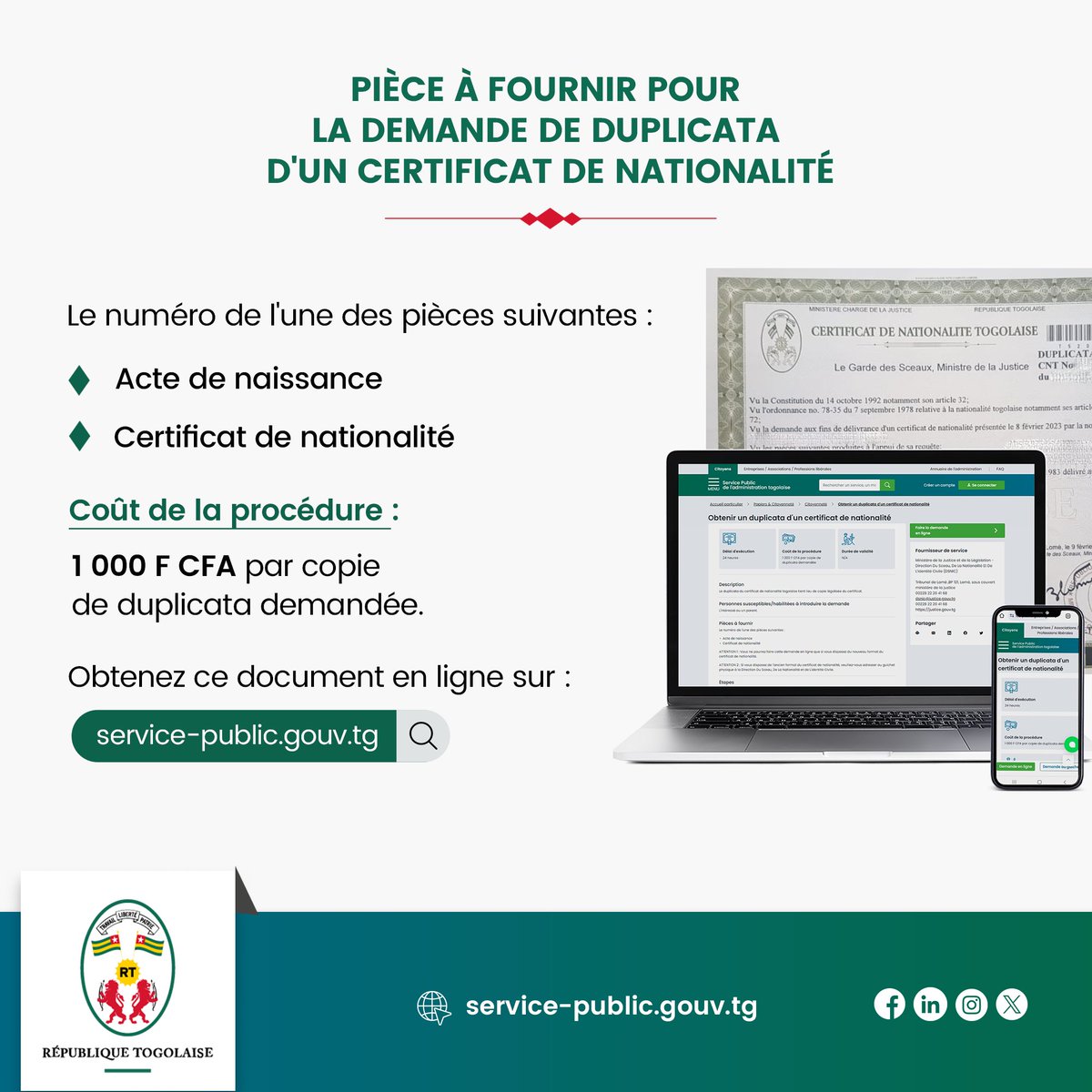 Vous avez besoin d'une copie légalisée de votre certificat de nationalité togolaise ? La procédure est simple et accessible en ligne sur la plateforme Service Public ! 

Éffectuez votre demande 👉🏾 : service-public.gouv.tg/service/63c849…