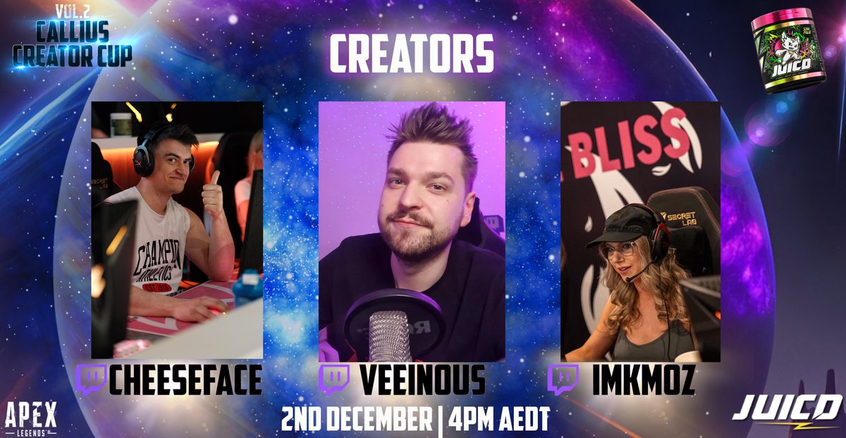 ItsCallius's tweet image. A warm welcome to the next three creators in The Callius Creator Cup! @PlayApex 🏆

@Cheeseface92
@Veeinous
@imKMOZ 

Awesome prizes to be won sponsored by @JUICDenergy 🌟🎉